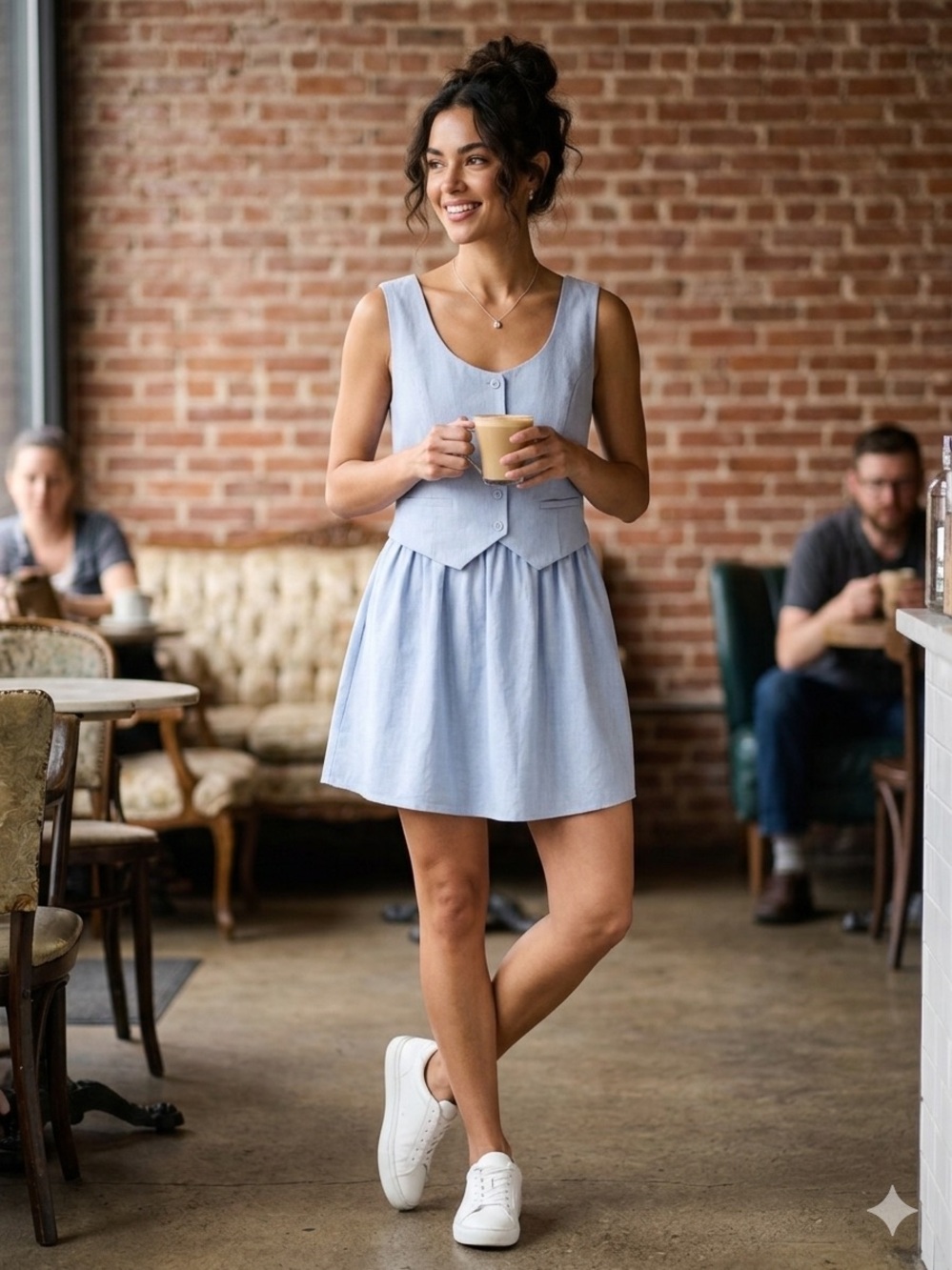Sleeveless Light Blue Midi Dress with Buttoned Waist
